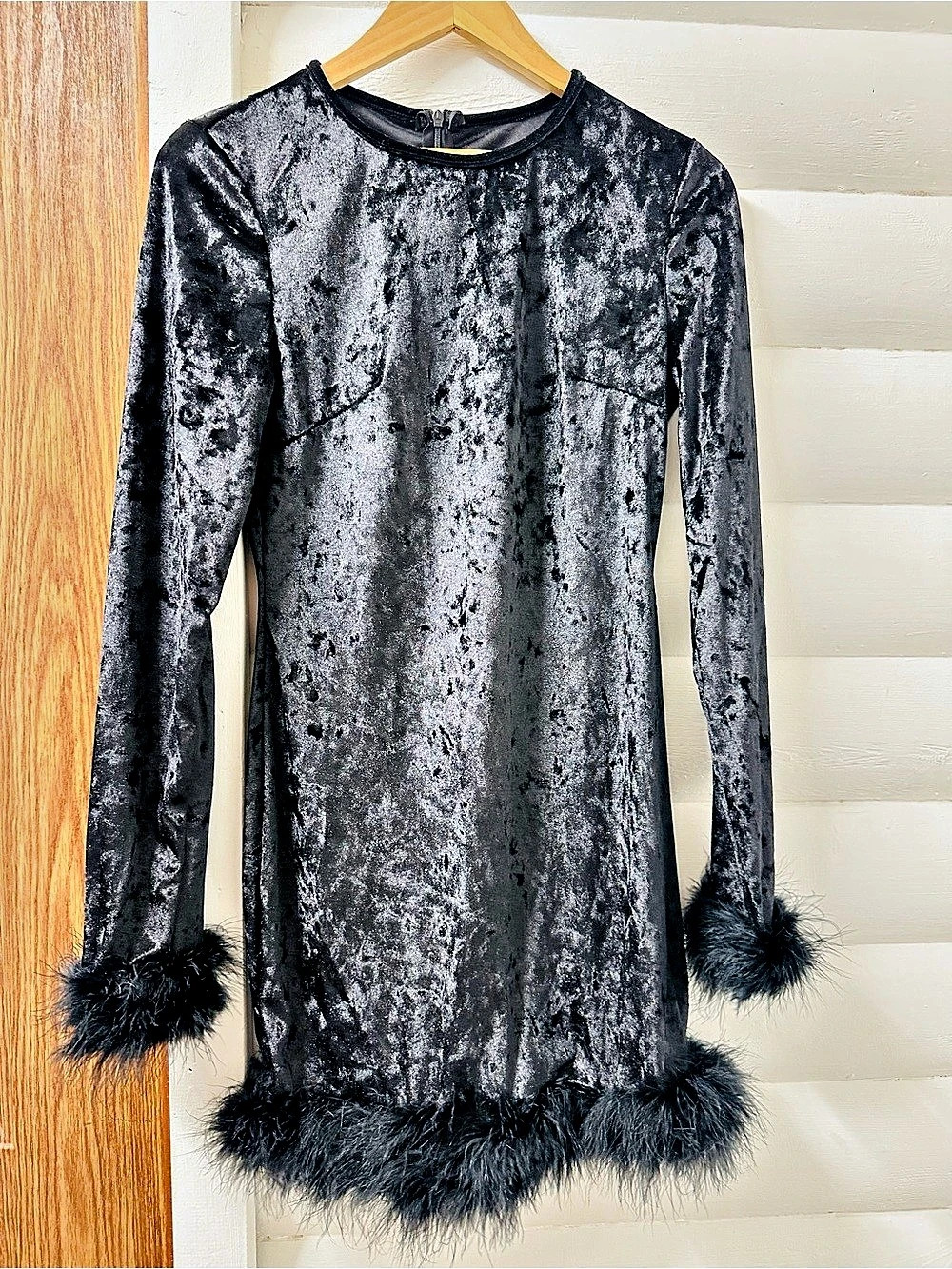 Feather Trim Long Sleeve Velvet Minidress Velvet Mini Dress